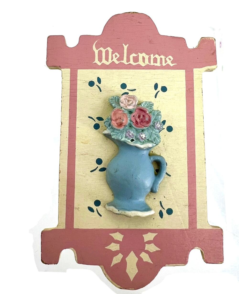 Vintage Welcome Flower Vase Refrigerator Fridge Magnet Folk Art